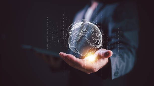 istock businessman holding Global network connection. Big data analytics and business intelligence concept. World map point and line composition concept of global business. Digital link tech. 1487595832