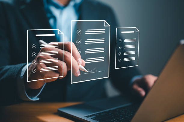 istock Electronic signature, Online business contract, e-signing, digital document management, paperless office, signing business contract concept. e signature, online electronic document system. 1487595844