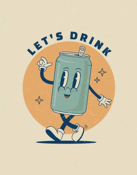 illustrations, cliparts, dessins animés et icônes de cartoon rétro 70s soda can personnage de dessin animé. - pop art drink can can soda