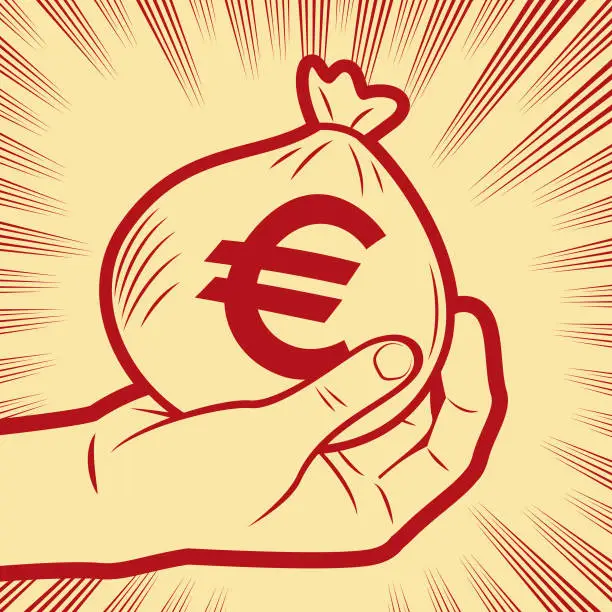 Vector illustration of A hand holding a money bag in the background with radial manga speed lines