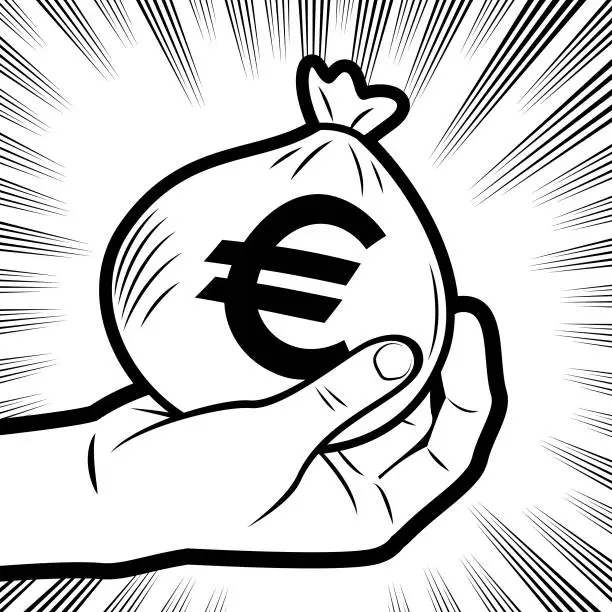 Vector illustration of A hand holding a money bag in the background with radial manga speed lines