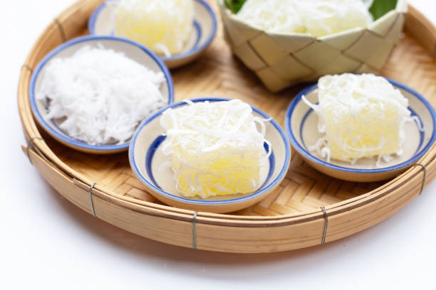Steamed tapioca cake or cassava cake with grated coconut