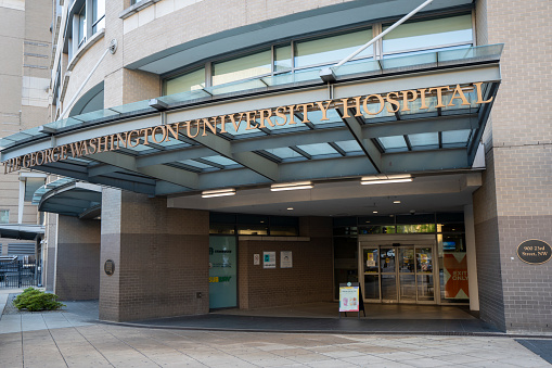 Washington, DC, USA - June 24, 2022: The George Washington University Hospital, jointly owned and operated by a partnership between GW and a subsidiary of UHS, in downtown Washington, DC.