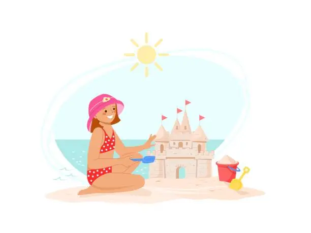 Vector illustration of Little tanned girl in bright swimming costume and sun panama builds sand castle on beach with trowel and bucket.