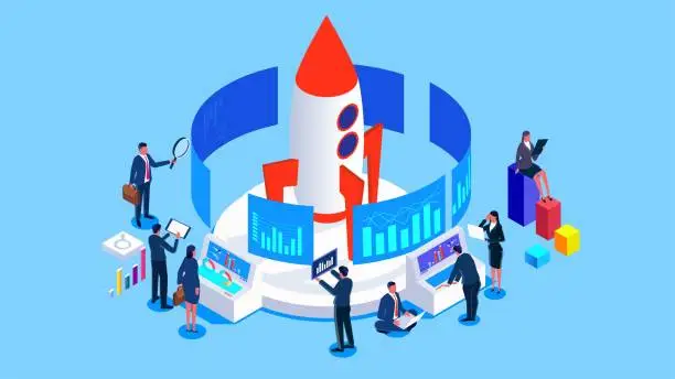 Vector illustration of Entrepreneurship, launching a new business or plan, teamwork to develop innovative business, team and creative support, business team together in analyzing and researching real-time data for rocket launch