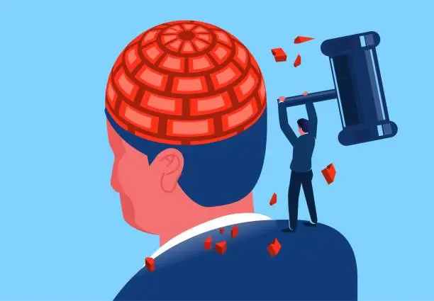 Vector illustration of Changing minds and personalities, breaking through barriers, obstacles or problems, treating psychological or mental illnesses, breaking the confines of the mind, businessmen with hammers trying to smash brains sealed by brick