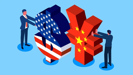 Trade wars, international economic wars or competition, competition for market share, global economic issues, isometric one businessman pushing the dollar sign another businessman pushing the Chinese currency sign