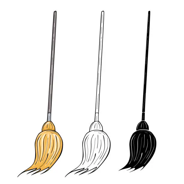Vector illustration of Big yellow broom with long wooden handle