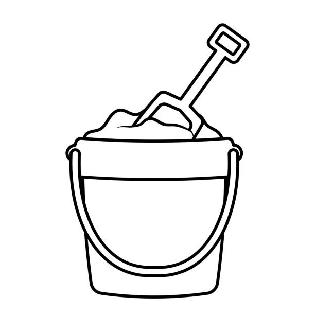 Sand bucket line drawing with shovel icon vector illustration for summer beach kid toys and game Black Line Sand bucket with shovel. Kid toys for building sand castle in beach vacation. Summer doodle icon vector illustration isolated on white background sand pail and shovel stock illustrations