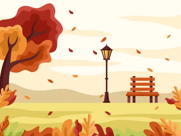 Vector illustration of Flat design illustration of an autumn park with a bench and lantern