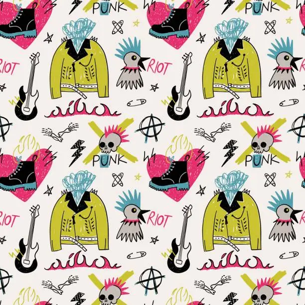 Vector illustration of Punk seamless pattern. Hand drawn rock music elements. Leather jacket, boots and guitar. Skull with mohawk and anarchy symbol. Decor textile, wrapping paper, wallpaper print, cartoon vector background