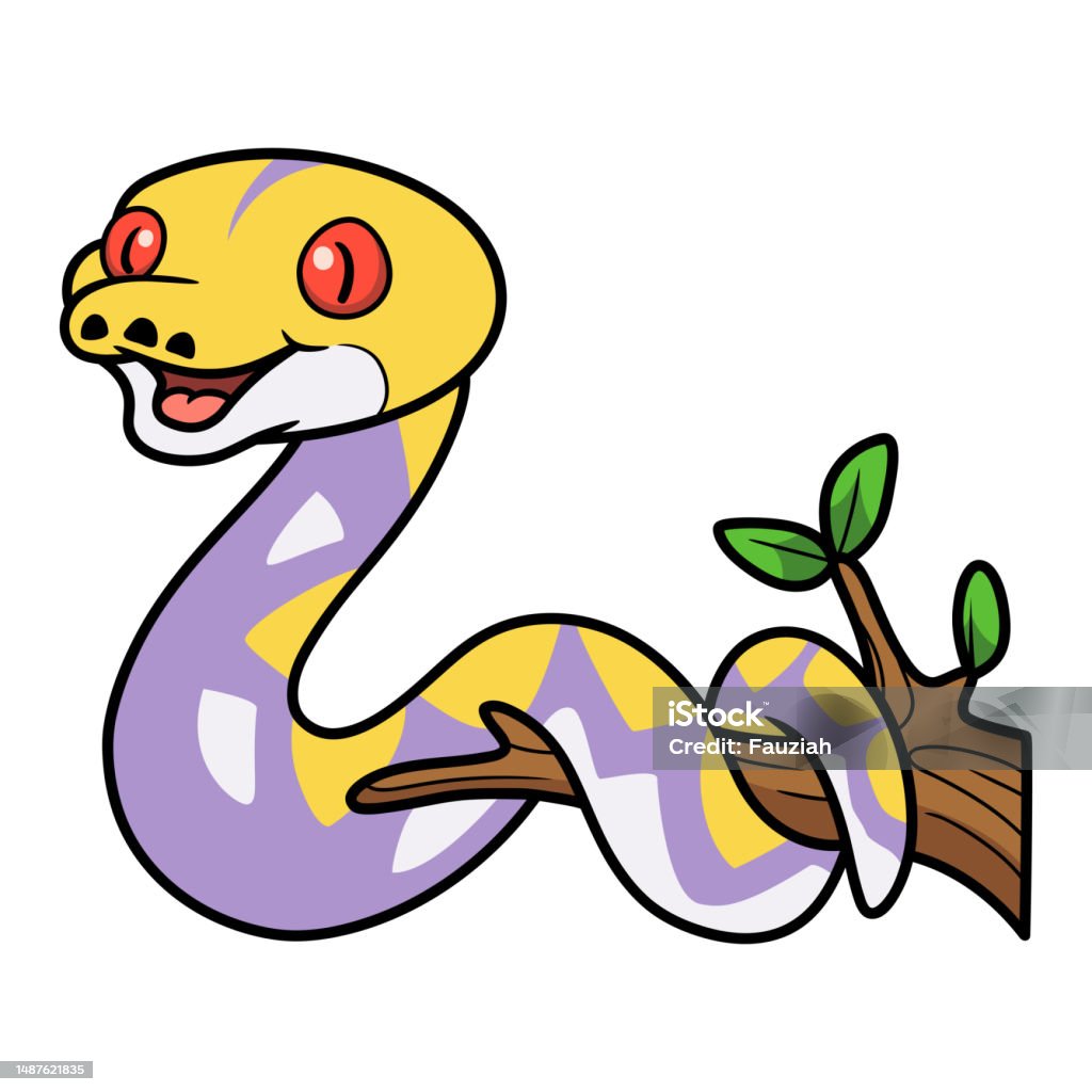 Cute Lavender Reticulated Python Cartoon On Tree Branch Stock ...