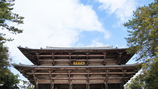 May 03, 2023. Nandaimom gate in nara park, A double-gabled gate, the Great South Gate is the largest temple entrance gate in Japan, matching the size of the Great Buddha Hall.