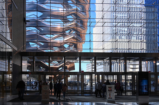 New York City, United States, April 9, 2023 - The Vessel (TKA) built to plans by the British designer Thomas Heatherwick in Midtown Manhattan as seen from 20 Hudson Yards.