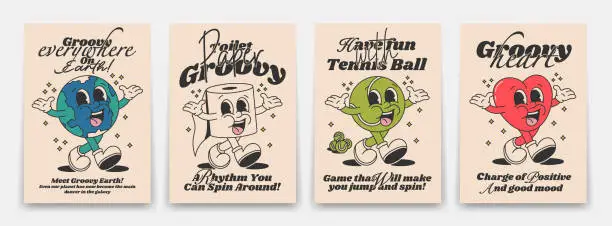 Vector illustration of Collection of bright groovy posters 70s. Retro poster with funny cartoon walking characters, planet earth, toilet paper, tennis ball, heart, vintage prints, isolated