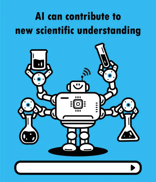 Vector illustration of An artificial intelligence robot with four hands holding laboratory test tubes and measuring cups, AI can contribute to new scientific understanding