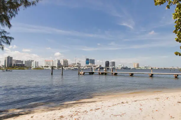 Glistening Water & Boats on the Waterfront Inlet in Front of Downtown West Palm Beach, Florida Under a Bright Blue Sky in March of 2023 During Springbreak & the Annual Boat Show at Midday on a Bright Sunny Spring Day