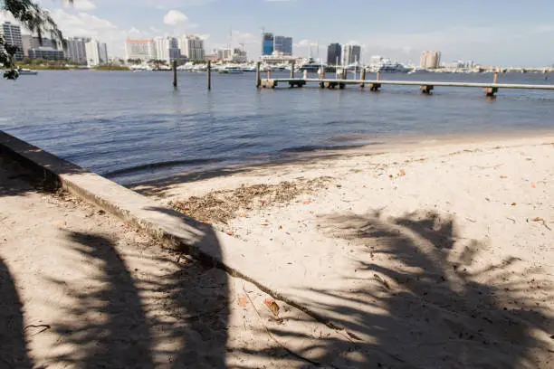 Glistening Water & Boats on the Waterfront Inlet in Front of Downtown West Palm Beach, Florida Under a Bright Blue Sky in March of 2023 During Springbreak & the Annual Boat Show at Midday on a Bright Sunny Spring Day