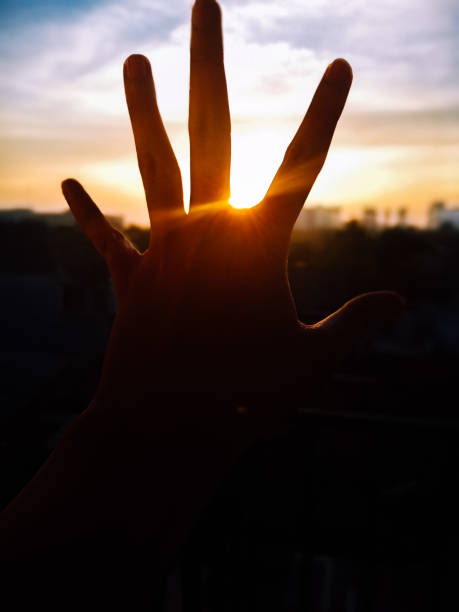 istock Hand with sunset view in the afternoon 1487629398