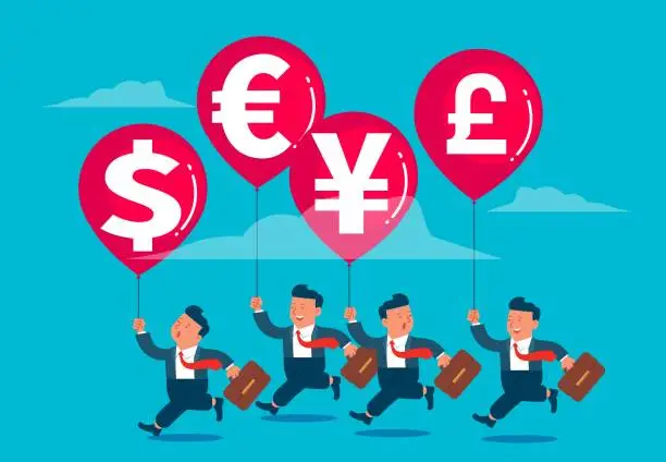Vector illustration of Business activities, currency competition and market share ratio, global economic stability and inflation, businessmen holding balloons with dollar sign, yen sign, euro sign and pound sign respectively