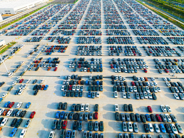 istock Aerial view new car park waiting for logistics 1487637358
