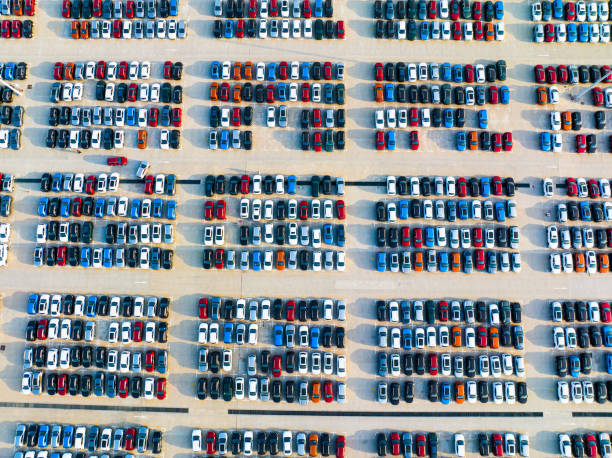 istock Aerial view new car park waiting for logistics 1487637361