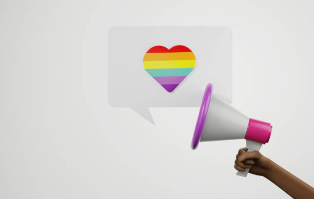istock LGBTQ man's hand holding a megaphone with text with rainbow hearts. 1487637500