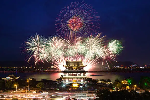 In Changsha, Hunan Province, China, the Du Fu Jiang Pavilion looks particularly beautiful amidst colorful fireworks performances.
