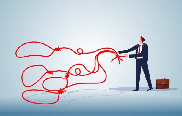 그물 던지기, 덫이나 올가미 놓기, 사기 또는 미끼, 밧줄 덫을 바깥쪽으로 던지는 교활한 사업가 - tied knot rope adversity emotional stress stock illustrations