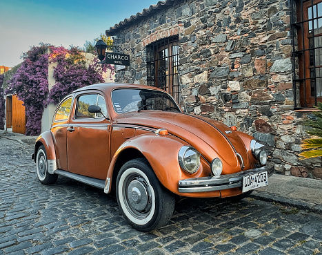 colonia del sacramento, uruguay - november 2 2022: vintage brown volkswagen beetle car on the cobble stone streets in the old barrio historico of this unesco world heritage site