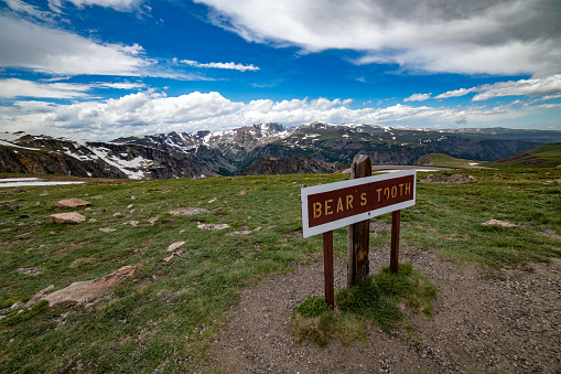 Silverton Ice Lake trail campground in Colorado in summer morning by Mineral Camp with entrance sign closeup