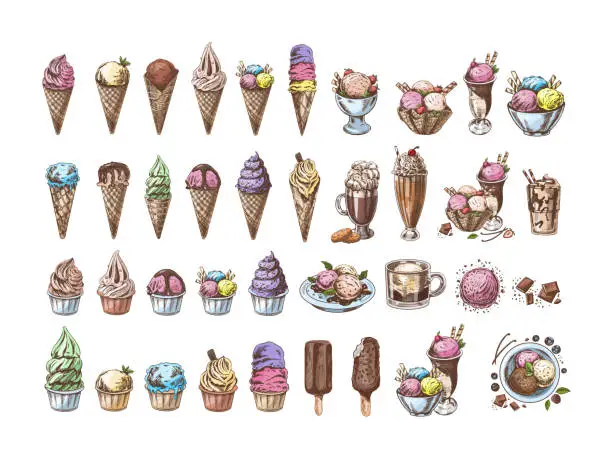 Vector illustration of Big hand-drawn colored  sketch of ice cream or frozen yoghurt in cups and cones, milkshakes, ice cream on a stick, cupcakes, cookies. Vintage illustration. Set. Element for the design of labels, packaging and postcards.