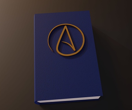 atheist symbol in the cover of a book in the black background 3d rendering