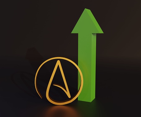 Atheist symbol with green arrow for increasing symbol 3d rendering in the black background