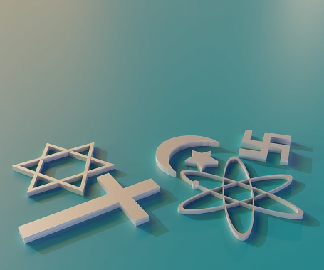 Isolated atheist and other religion's symbols 3d rendering