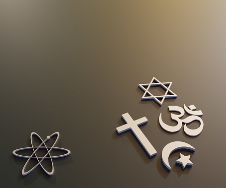 Isolated atheist and other religion's symbols 3d rendering