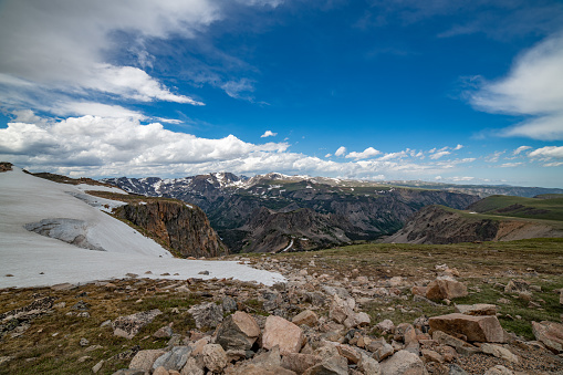 View Beartooth peak, center, from the Beartooth highway in Montana, in western USA of North America.. Nearest cities are Denver, Colorado, Salt Lake City, Jackson, Wyoming, Gardiner, Cooke City, Bozeman, and Billings, Montana, North America.