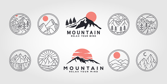 set, bundle of mountains line art vector illustration design, nature line art design.