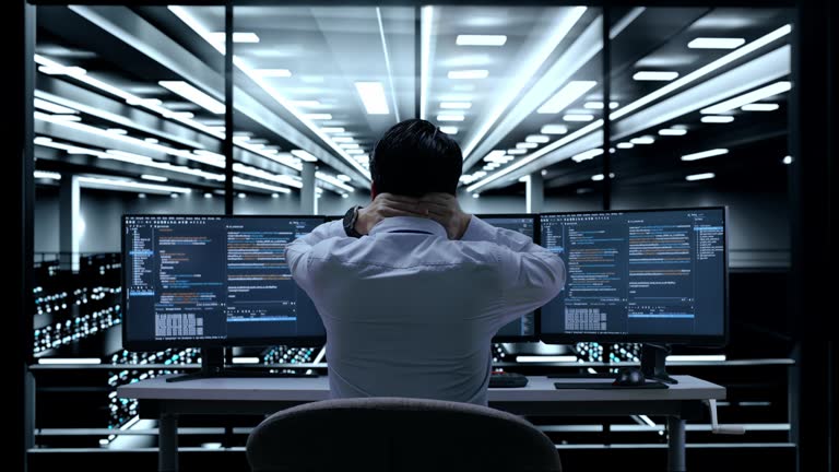 Back View Of Asian Male Programmer Being Stressed And Tired Of Writing Code By Desktops Using Multiple Monitors Showing Database On Terminal Window In The Server Room