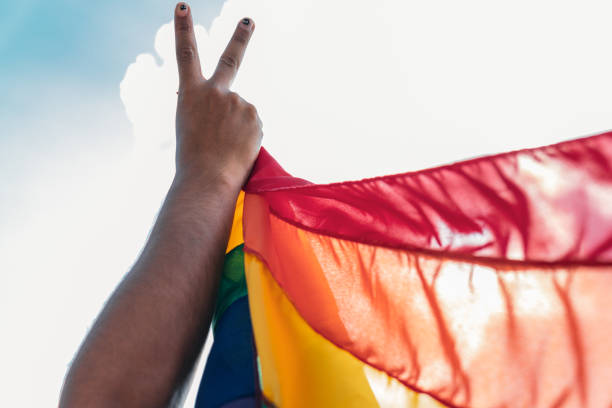 istock Celebrating Pride: Hand Showing Victory Sign with Rainbow Flag in Air 1487650955