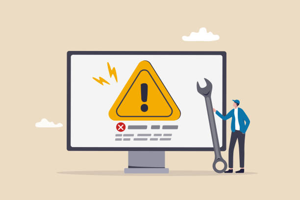System error, software problem or system failure, security alert or hardware fault to be fixed, caution or maintenance concept, young technician holding wrench fix system failure message on computer. vector art illustration