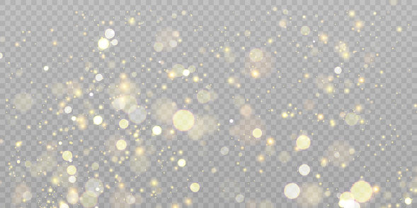 Light effect with lots of shiny golden highlights shining on transparent background for christmas new year design.