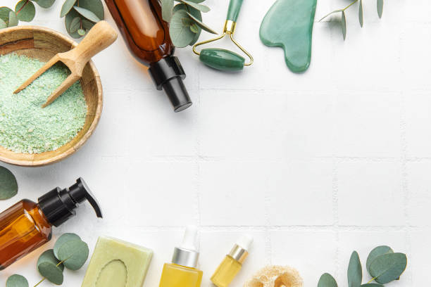 istock Eucalyptus, towel, massage salt, aroma oil,  spa objects on white tile background. 1487651949