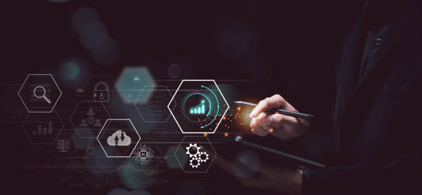 istock Businessman reading graph report and business statistics charts ,information technology management system ,Business analytics connected to large databases ,business growth graph ,Statistics and Data 1487653153