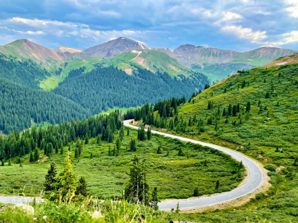 Aspen, Colorado, USA - July 16, 2021: Colorado State Route 82 winds through the Rocky Mountains near Independence Pass outside of nearby Aspen.