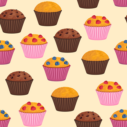 Muffins seamless pattern. Vector background with traditional sweet pastries. Cartoon illustration of cupcake with raspberry, blueberry and chocolate.