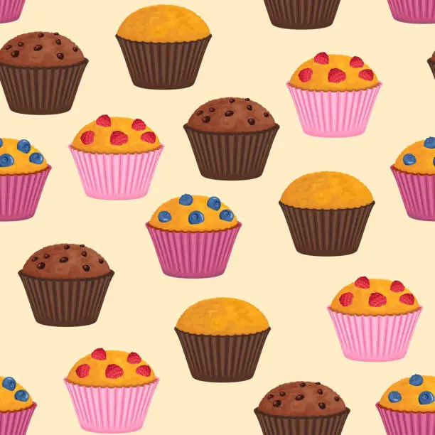 Vector illustration of Muffins seamless pattern. Vector background with traditional sweet pastries. Cartoon illustration of cupcake with raspberry, blueberry and chocolate.