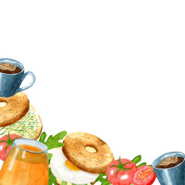 illustrazioni stock, clip art, cartoni animati e icone di tendenza di cornice da bagel, panino con uovo, pomodori ed erbe aromatiche, tazza e succo di frutta. illustrazione ad acquerello disegnata a mano su sfondo bianco. colazione deliziosa. modello per il menu di progettazione della decorazione. - coffee bagel donut coffee cup