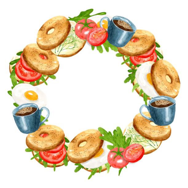 illustrazioni stock, clip art, cartoni animati e icone di tendenza di cornice da bagel, panino con uova, pomodori ed erbe aromatiche e una tazza di caffè. illustrazione ad acquerello disegnata a mano su sfondo bianco. colazione deliziosa. modello per il menu di progettazione della decorazione. - coffee bagel donut coffee cup