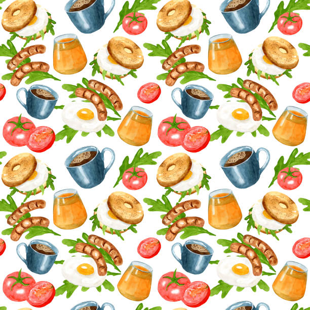 ilustrações de stock, clip art, desenhos animados e ícones de seamless pattern from bagel, sandwich with egg, sausages, tomatoes and herbs, cup of coffee and juice. hand drawn watercolor illustration on white background. delicious breakfast. template for design. - coffee bagel donut coffee cup